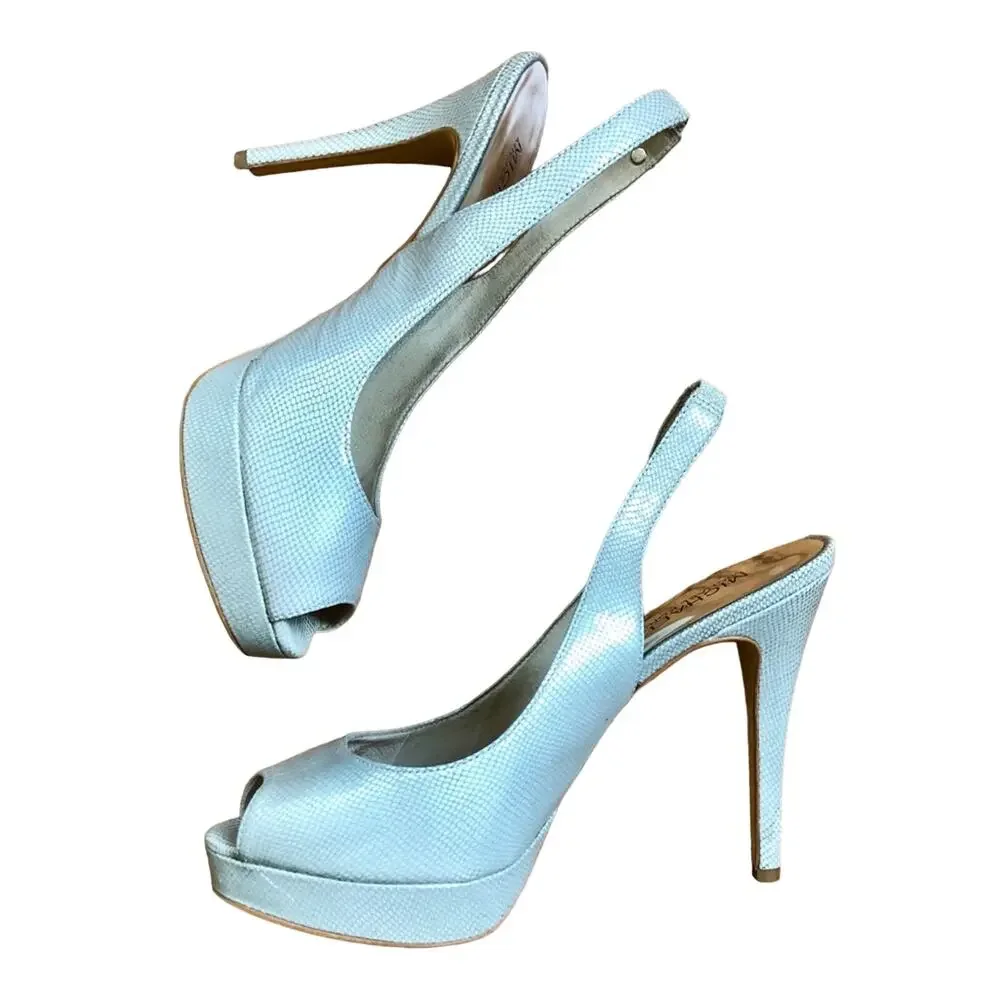MICHAEL KORS Metallic White Leather York Sling Back Platform Heels Size 7.5